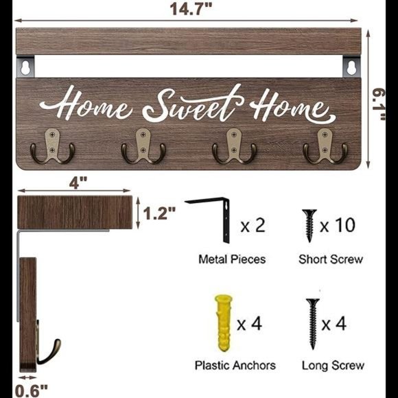 buways Wall-Mounted Key and Mail Holder, Wooden Key Rack with 4 Double Key Hooks - Picture 4 of 6